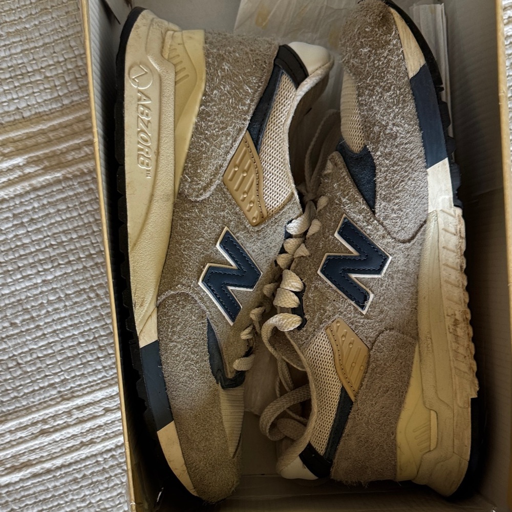New Balance 998TA Beige, Grey, and Navy Suede Mesh Sneakers